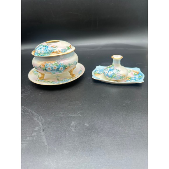 Limoges Other - Antique Hand Painted Limoges Porcelain Dresser Set Forget-Me-Not Floral Gold
